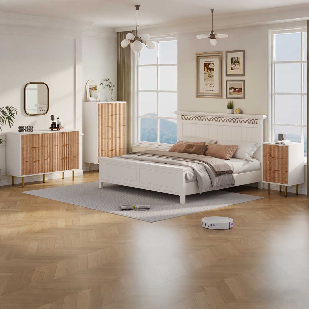 Yelenaro Kommode im Schlafzimmer – moderne Schubladenkommode passend zu Bett und Nachttisch im skandinavischen Stil