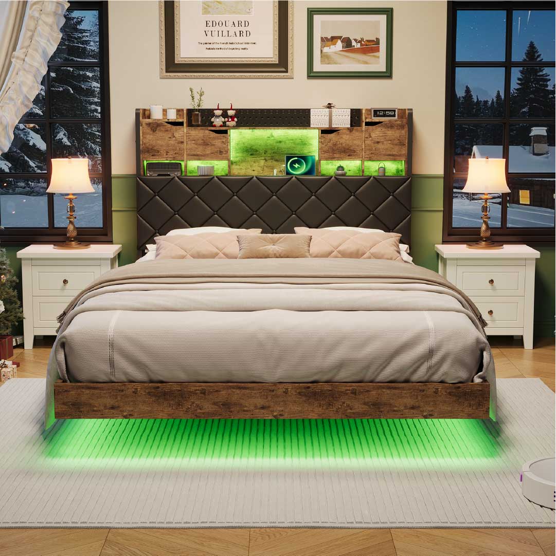 YELENARO Schwebebett 140/160x200 cm mit LED & USB – Industriebett mit Stauraum