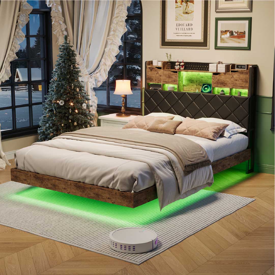 YELENARO Schwebebett 140/160x200 cm mit LED & USB – Industriebett mit Stauraum