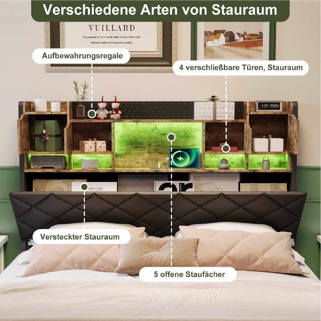 YELENARO Schwebebett 140/160x200 cm mit LED & USB – Industriebett mit Stauraum