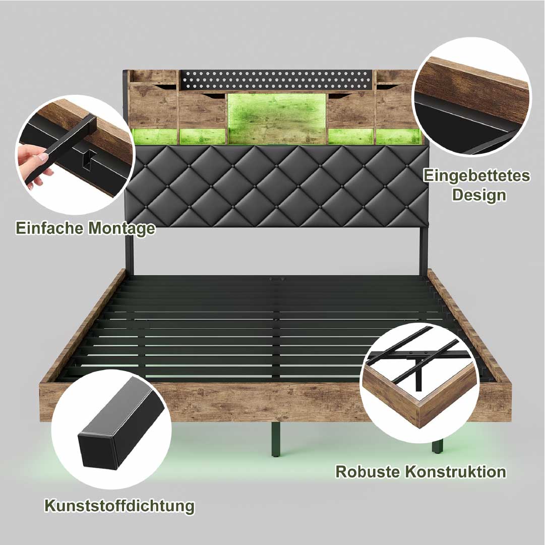 YELENARO Schwebebett 140/160x200 cm mit LED & USB – Industriebett mit Stauraum