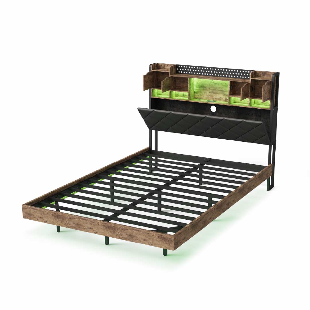 YELENARO Schwebebett 140/160x200 cm mit LED & USB – Industriebett mit Stauraum