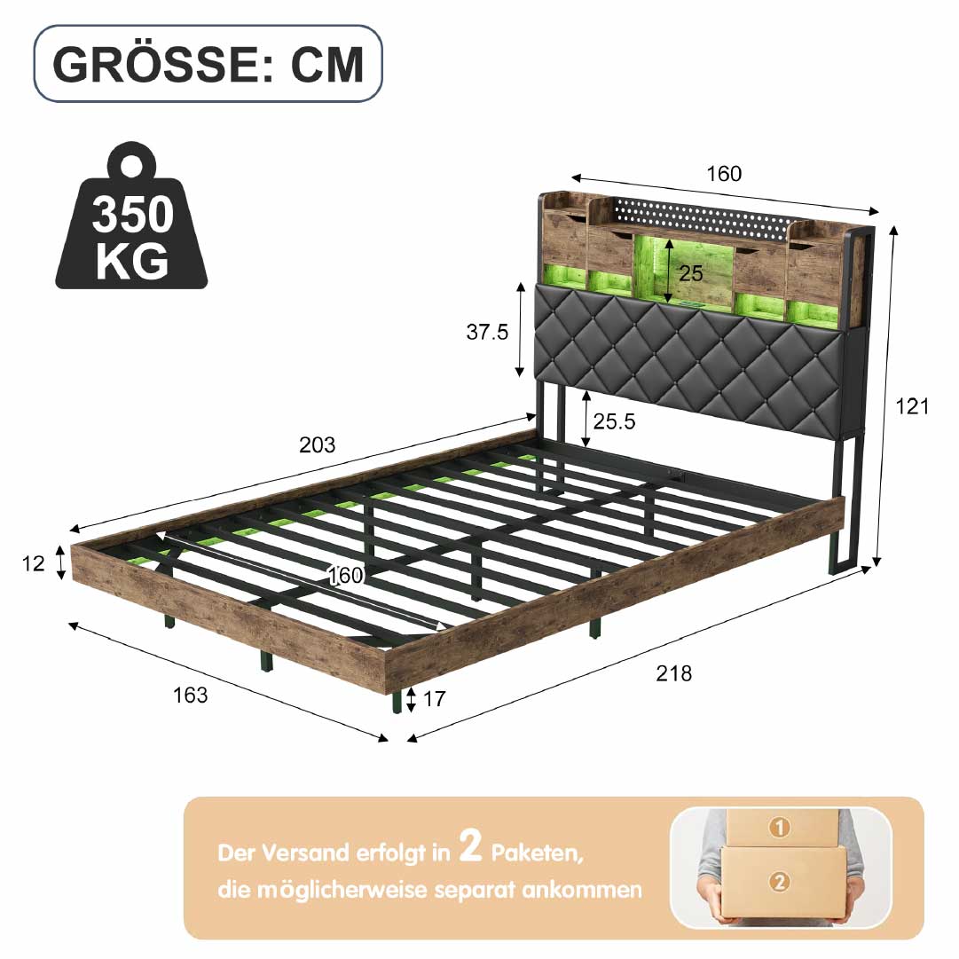 YELENARO Schwebebett 140/160x200 cm mit LED & USB – Industriebett mit Stauraum