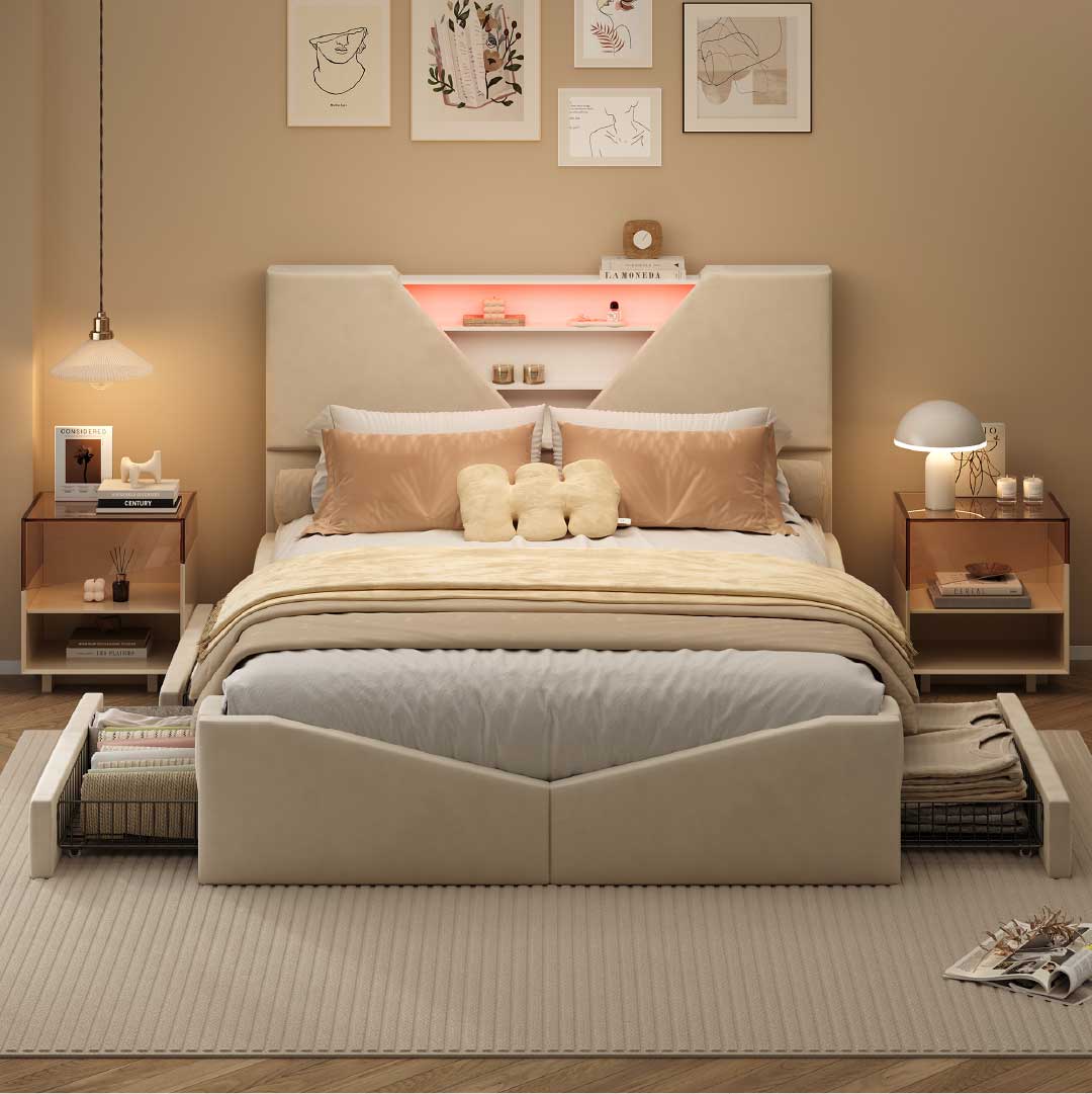 YELENARO Polsterbett mit LED & Stauraum – 140/160x200 cm
