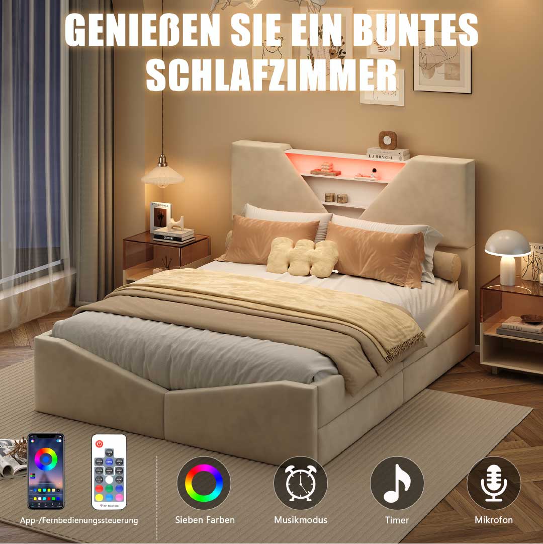 YELENARO Polsterbett mit LED & Stauraum – 140/160x200 cm