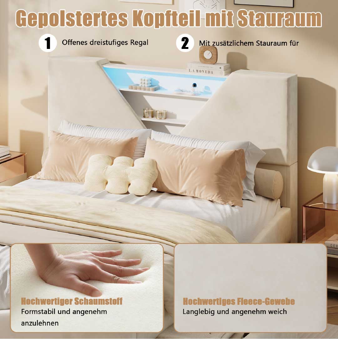 YELENARO Polsterbett mit LED & Stauraum – 140/160x200 cm