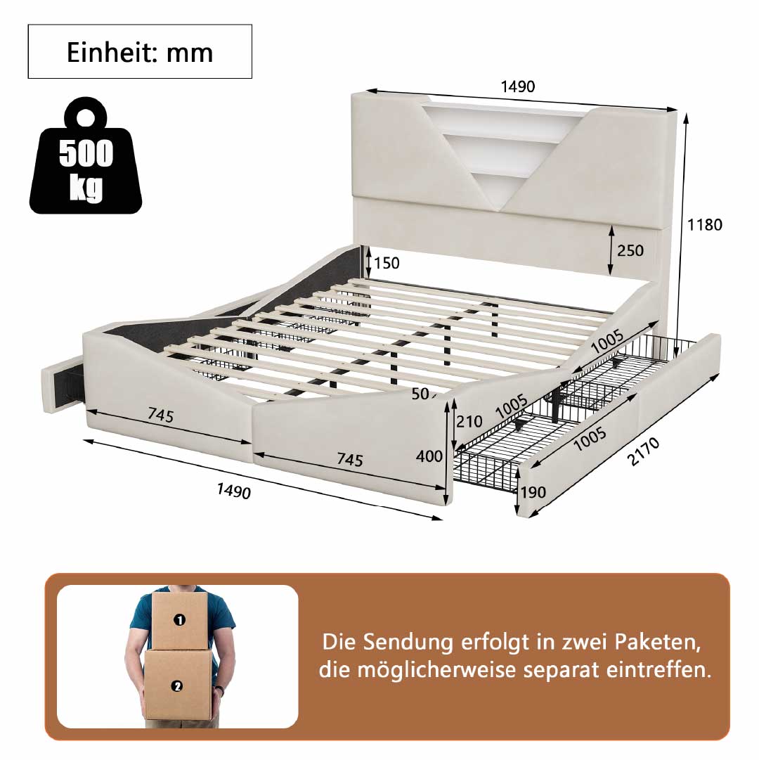 YELENARO Polsterbett mit LED & Stauraum – 140/160x200 cm
