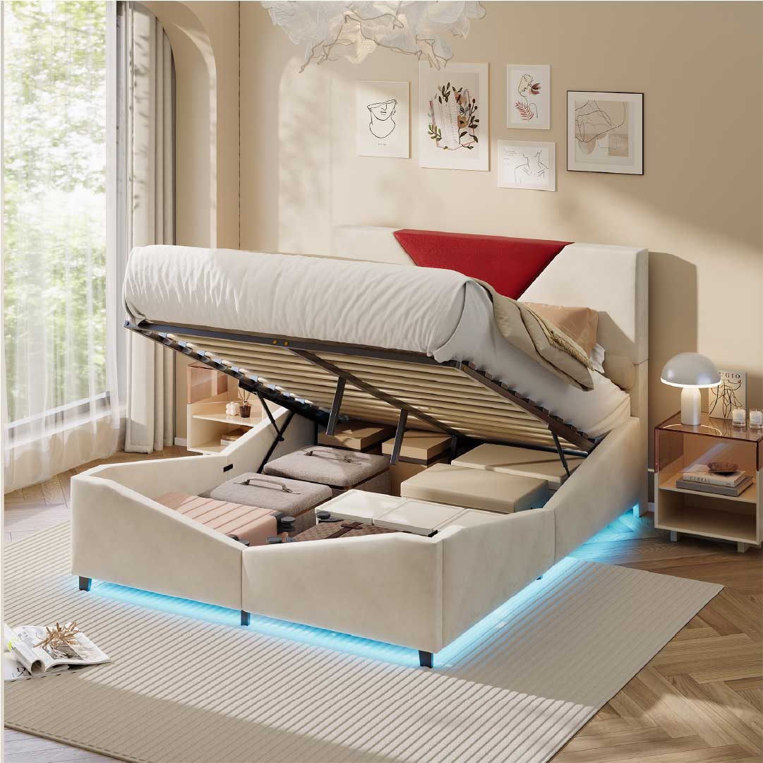 Yelenaro LED Polsterbett mit Gasdruck & Stauraum 140/160x200