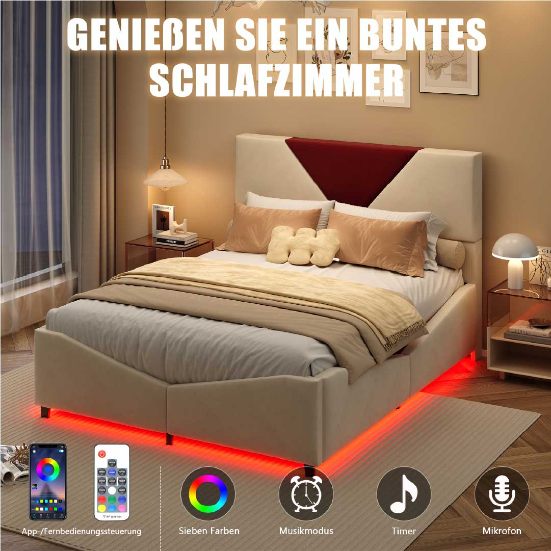 Yelenaro LED Polsterbett mit Gasdruck & Stauraum 140/160x200