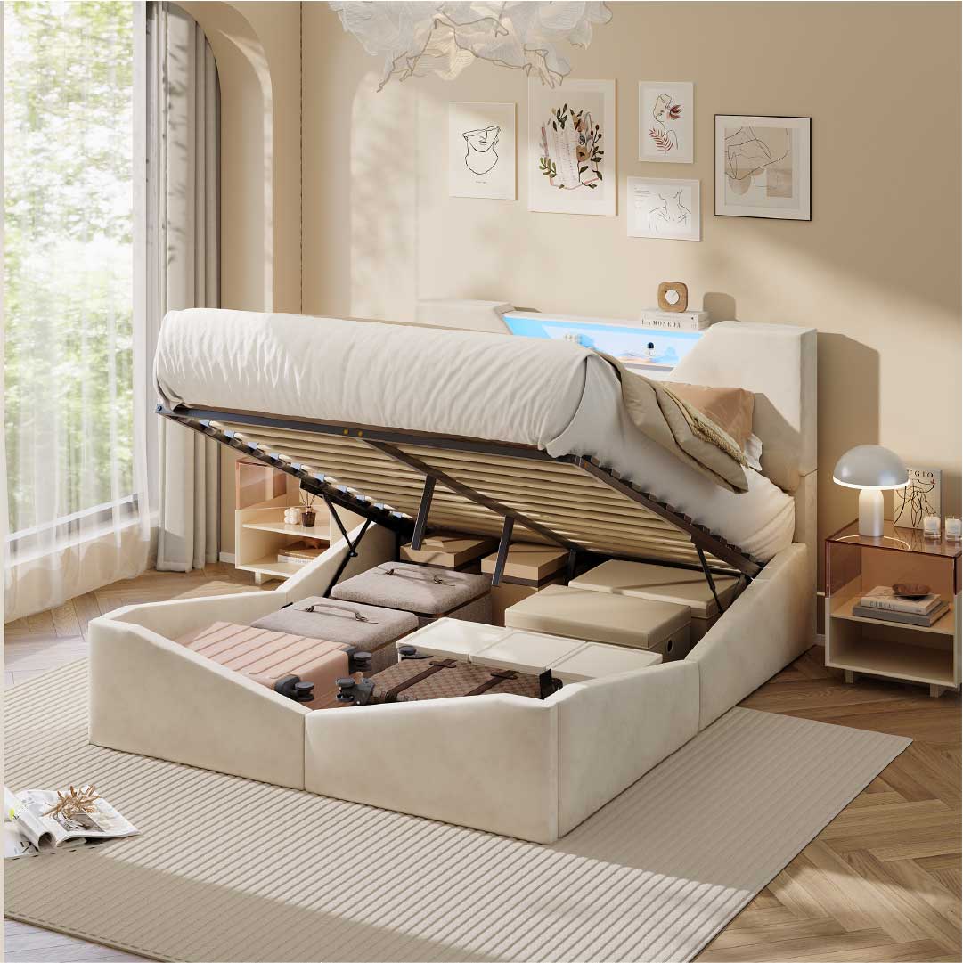 YELENARO Polsterbett mit Stauraum & LED – Dreieck Kopfteil