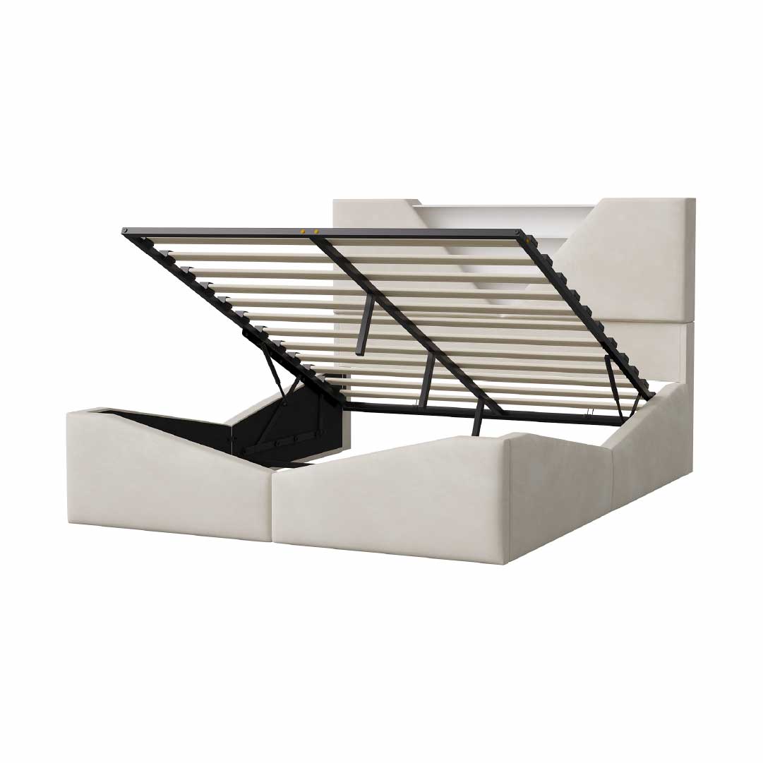 YELENARO Polsterbett mit Stauraum & LED – Dreieck Kopfteil