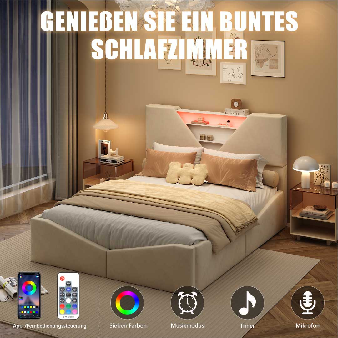 YELENARO Polsterbett mit Stauraum & LED – Dreieck Kopfteil