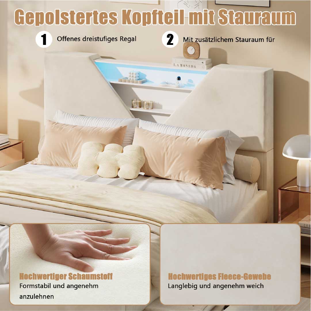 YELENARO Polsterbett mit Stauraum & LED – Dreieck Kopfteil