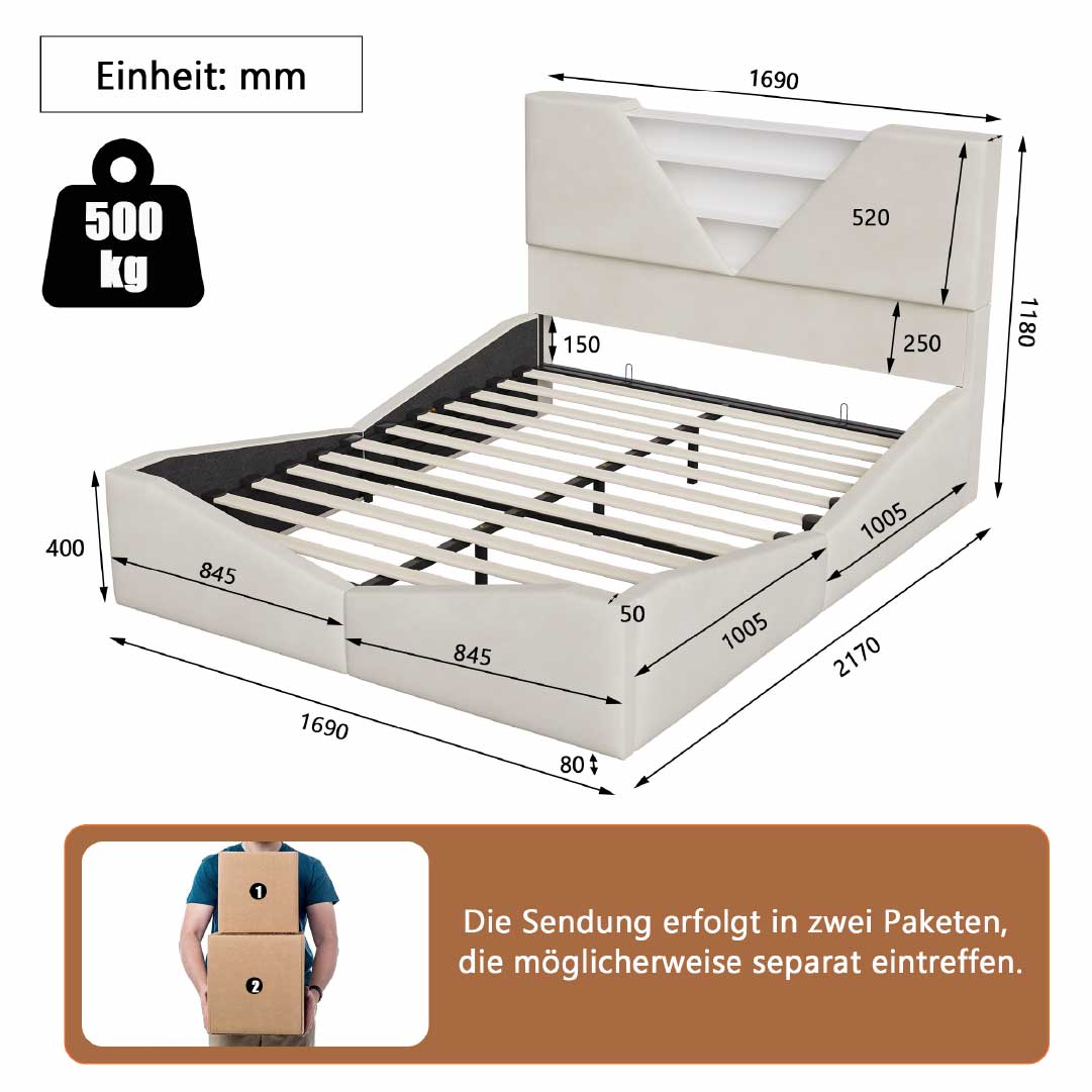 YELENARO Polsterbett mit Stauraum & LED – Dreieck Kopfteil