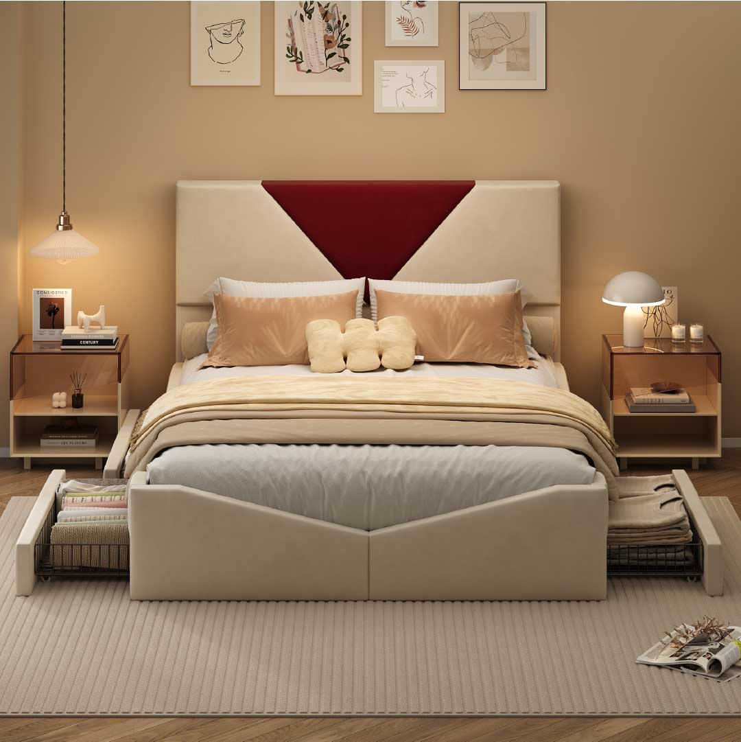 YELENARO Stauraumbett 140/160×200 cm mit 4 Schubladen & Polsterkopfteil