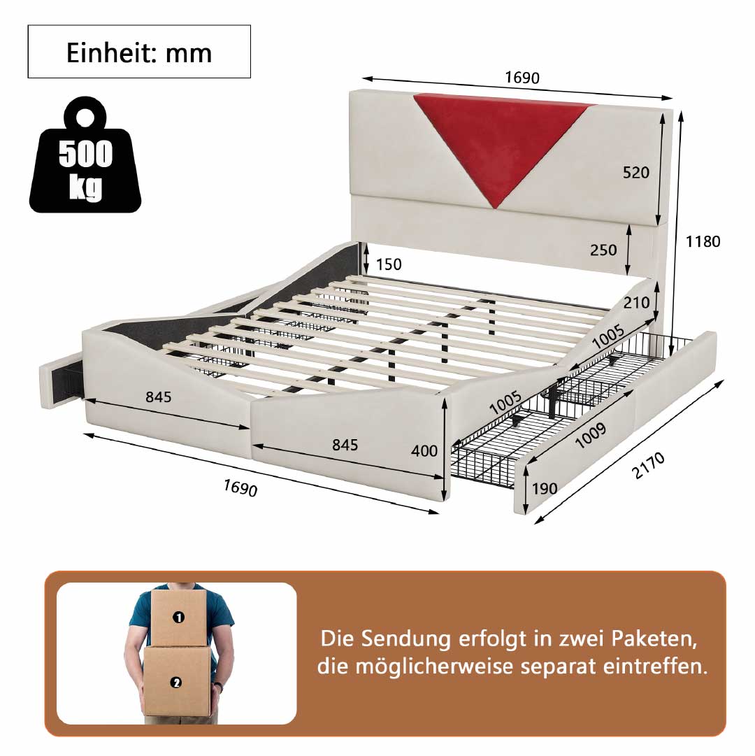 YELENARO Stauraumbett 140/160×200 cm mit 4 Schubladen & Polsterkopfteil