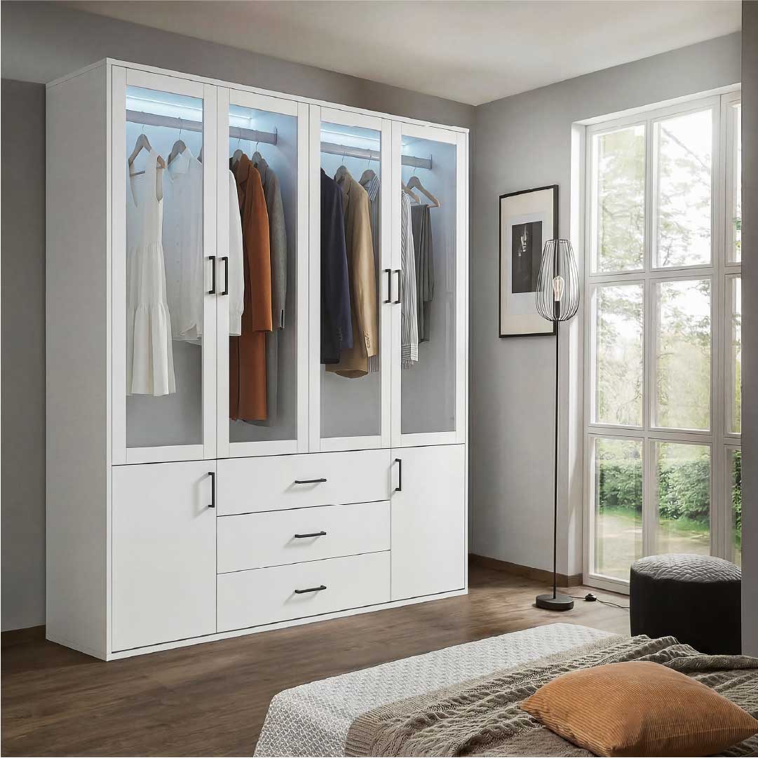 Yelenaro Großer Kleiderschrank 160 cm mit LED & Glas – 6 Türen & 3 Schubladen, viel Stauraum Weiß