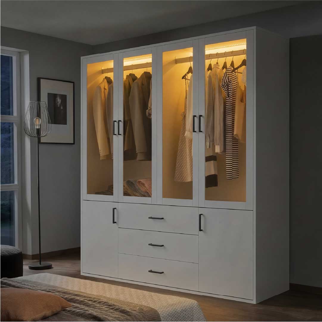 Yelenaro Großer Kleiderschrank 160 cm mit LED & Glas – 6 Türen & 3 Schubladen, viel Stauraum Weiß