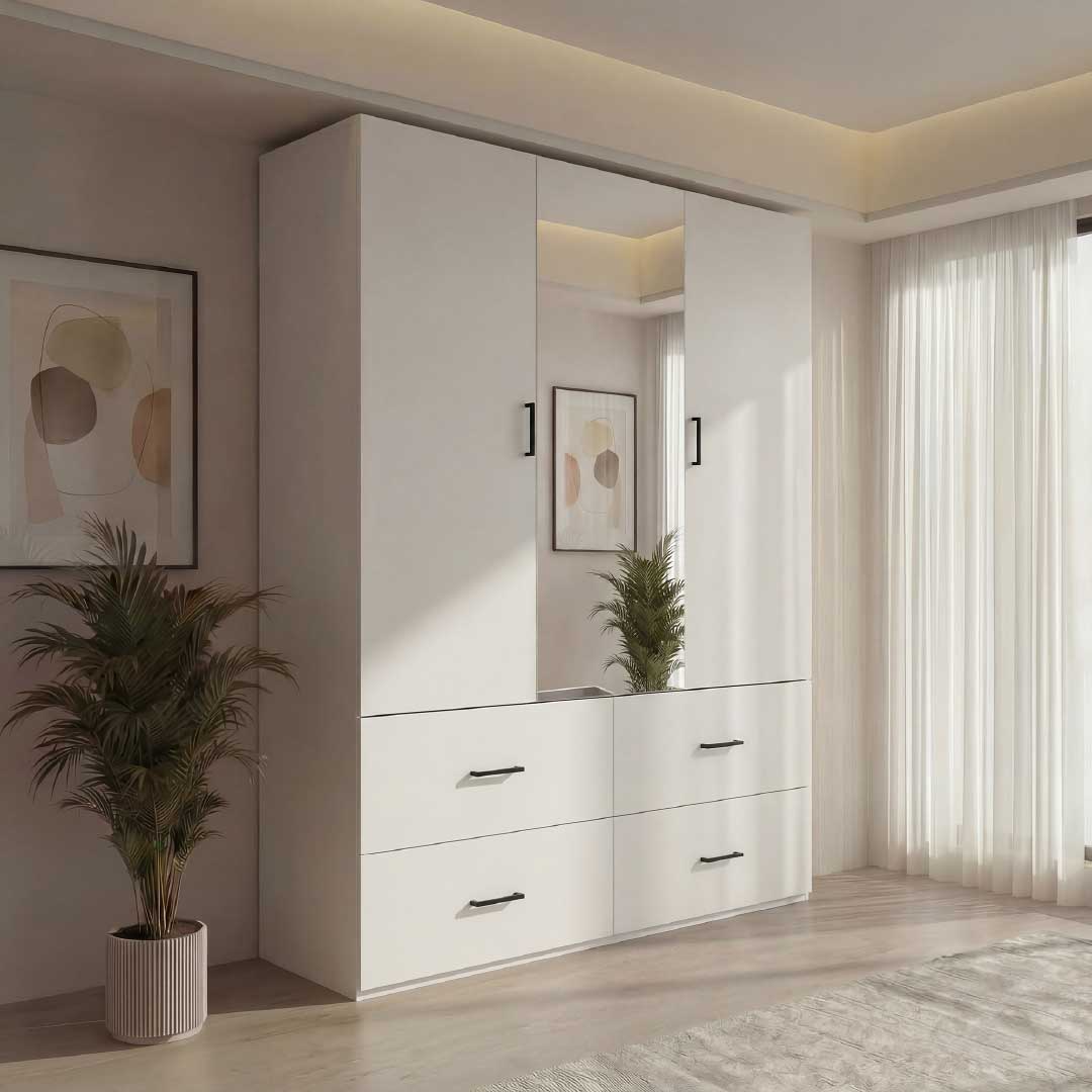 Yelenaro Kleiderschrank mit Spiegel 130 cm – 2 Türen & 4 Schubladen, platzsparender Drehtürenschrank Weiß