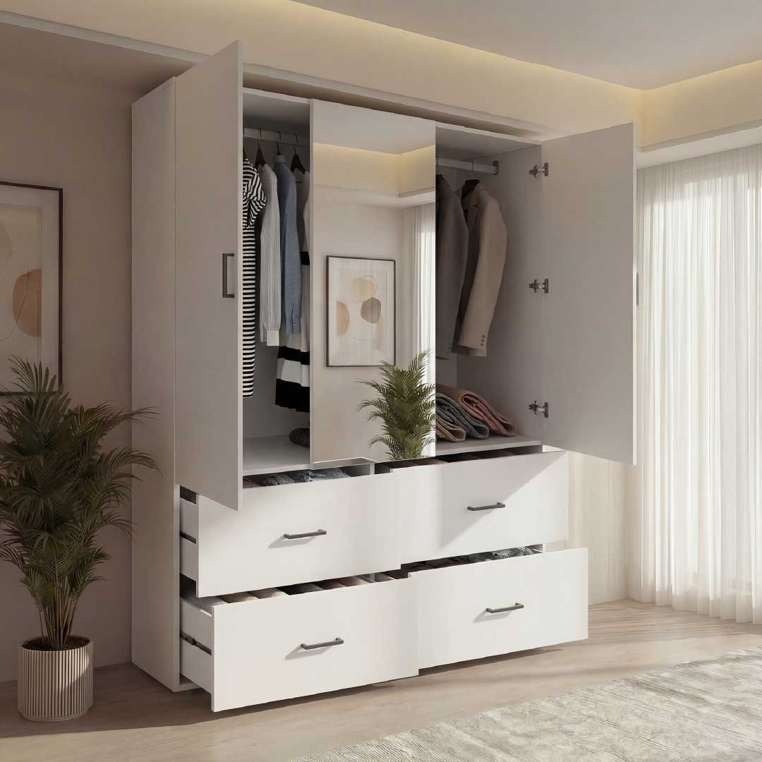 Yelenaro Kleiderschrank mit Spiegel 130 cm – 2 Türen & 4 Schubladen, platzsparender Drehtürenschrank Weiß