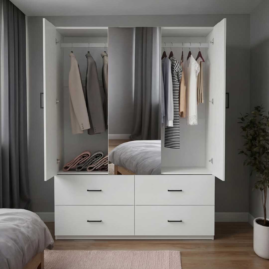 Yelenaro Kleiderschrank mit Spiegel 130 cm – 2 Türen & 4 Schubladen
