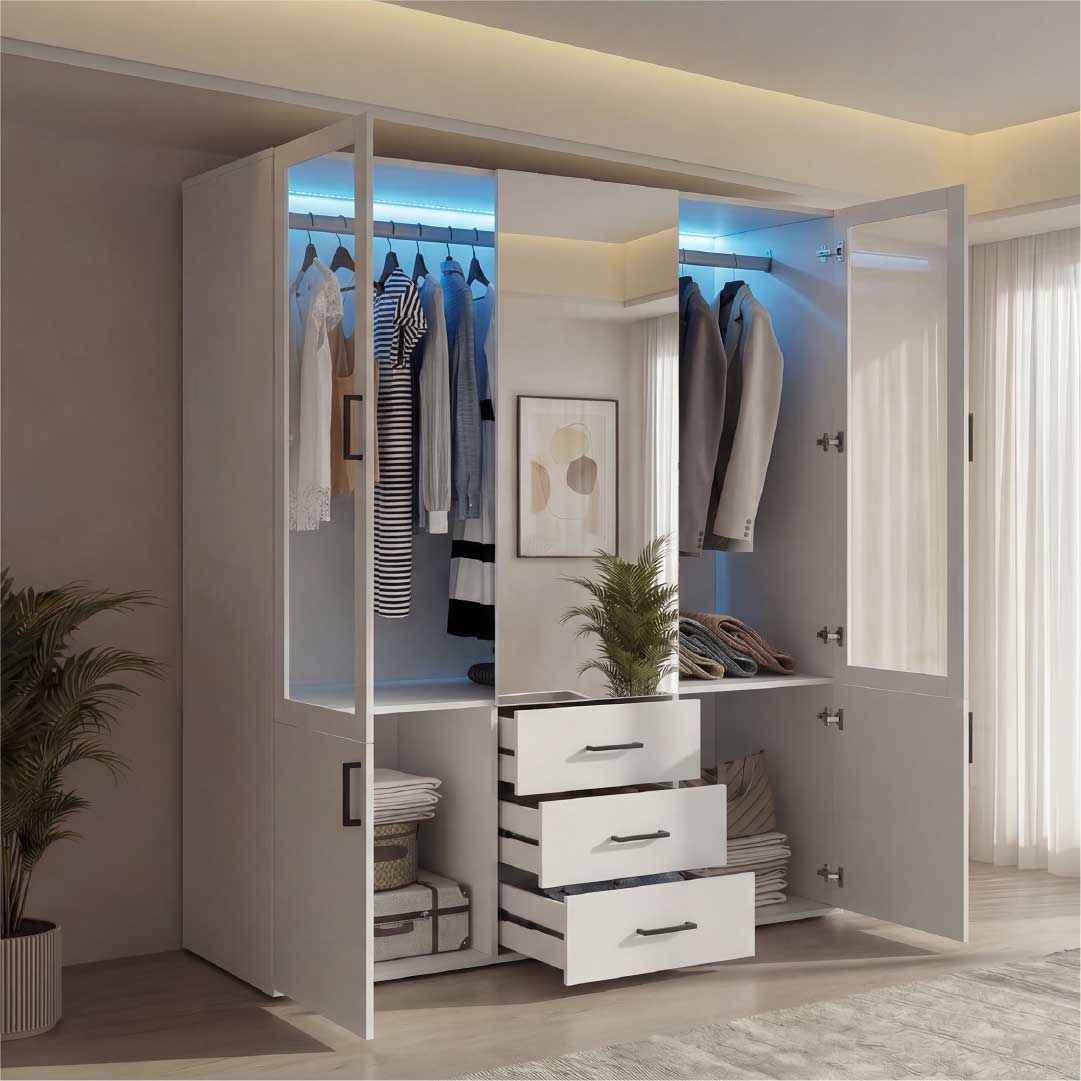 Yelenaro Kleiderschrank mit LED & Glas 130 cm – 4 Türen, Spiegel & Schubladen, moderner Design Schrank Weiß