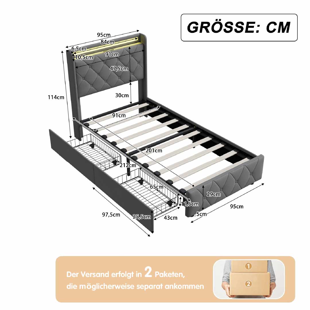 Yelenaro Polsterbett mit 4 Schubladen & LED – Bett mit USB/USB-C, 90x200 / 140x200 / 160x200