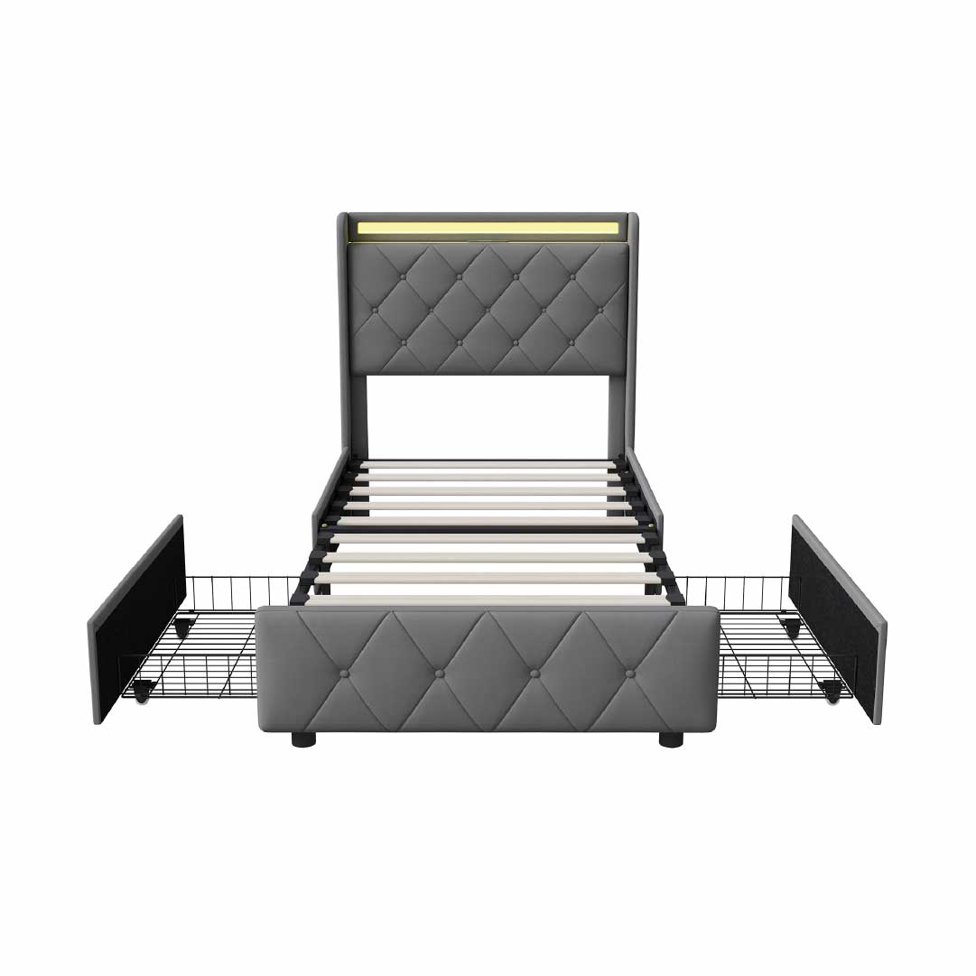 Yelenaro Polsterbett mit 4 Schubladen & LED – Bett mit USB/USB-C, 90x200 / 140x200 / 160x200