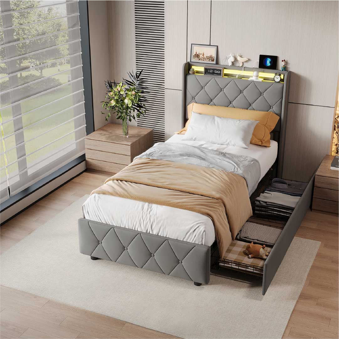 Yelenaro Polsterbett mit 4 Schubladen & LED – Bett mit USB/USB-C, 90x200 / 140x200 / 160x200
