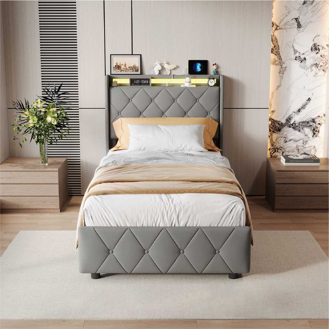 Yelenaro Polsterbett mit 4 Schubladen & LED – Bett mit USB/USB-C, 90x200 / 140x200 / 160x200
