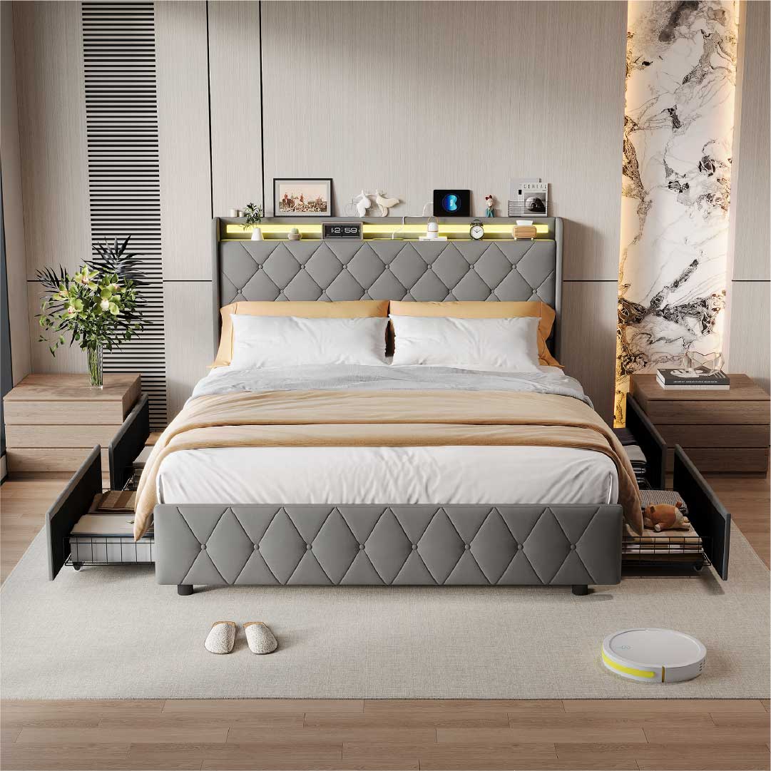 Yelenaro Polsterbett mit 4 Schubladen & LED – Bett mit USB/USB-C, 90x200 / 140x200 / 160x200