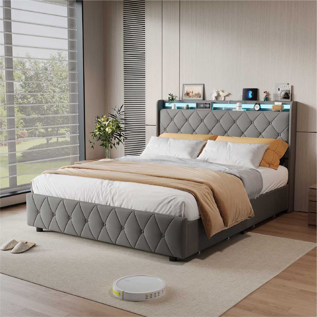 Yelenaro Polsterbett mit 4 Schubladen & LED – Bett mit USB/USB-C, 90x200 / 140x200 / 160x200