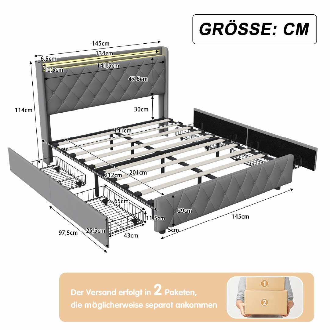 Yelenaro Polsterbett mit 4 Schubladen & LED – Bett mit USB/USB-C, 90x200 / 140x200 / 160x200