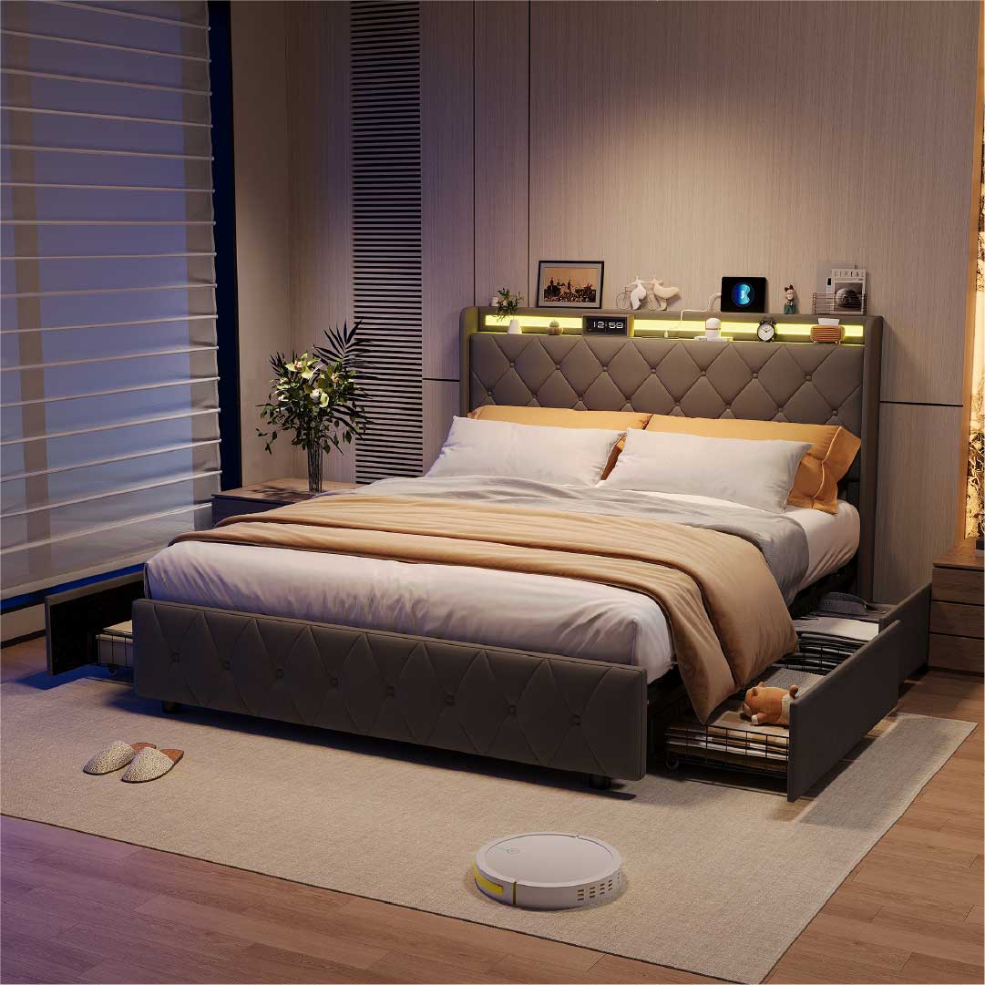 Yelenaro Polsterbett mit 4 Schubladen & LED – Bett mit USB/USB-C, 90x200 / 140x200 / 160x200