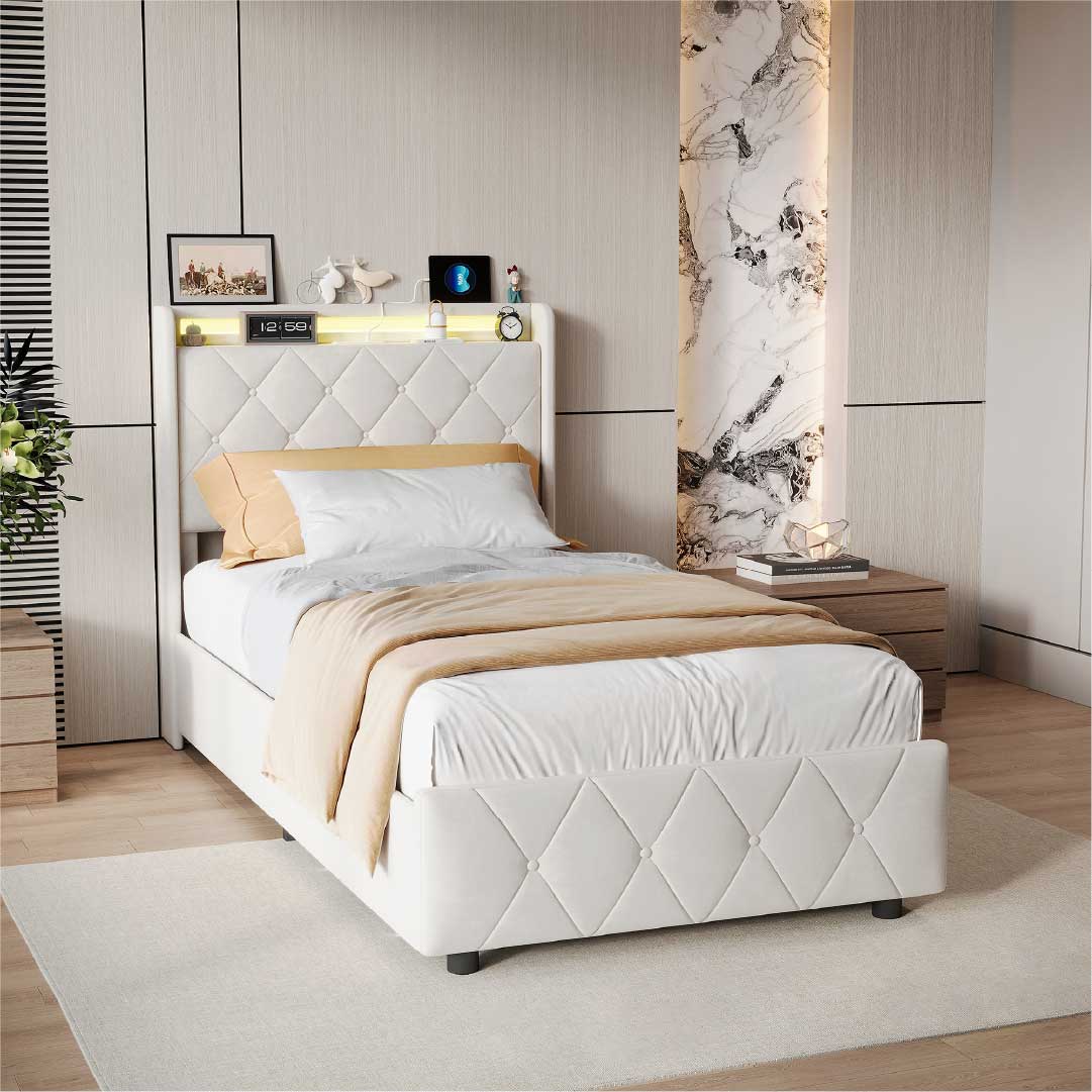 Yelenaro Polsterbett mit 4 Schubladen & LED – Bett mit USB/USB-C, 90x200 / 140x200 / 160x200