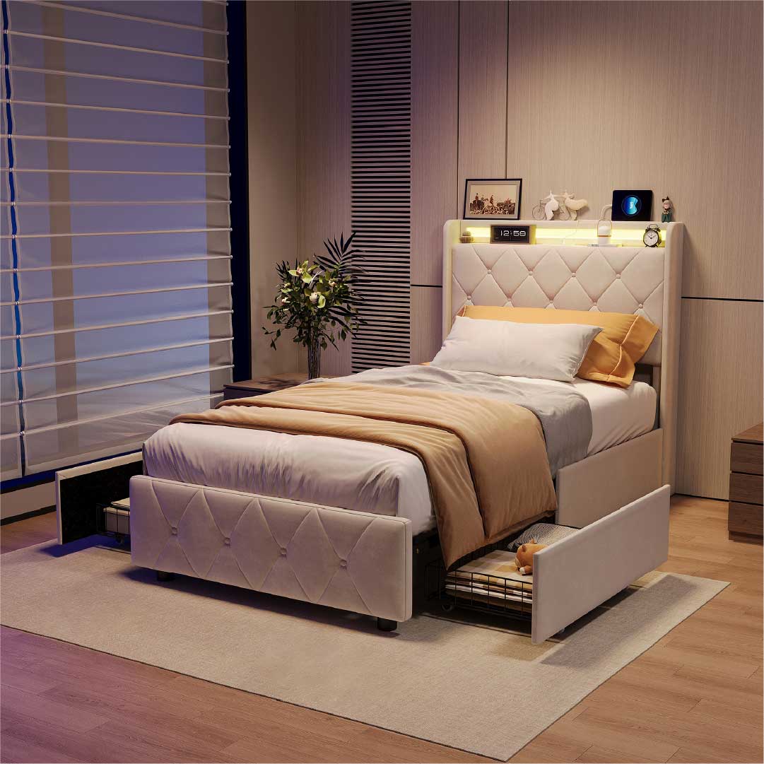 Yelenaro Polsterbett mit 4 Schubladen & LED – Bett mit USB/USB-C, 90x200 / 140x200 / 160x200