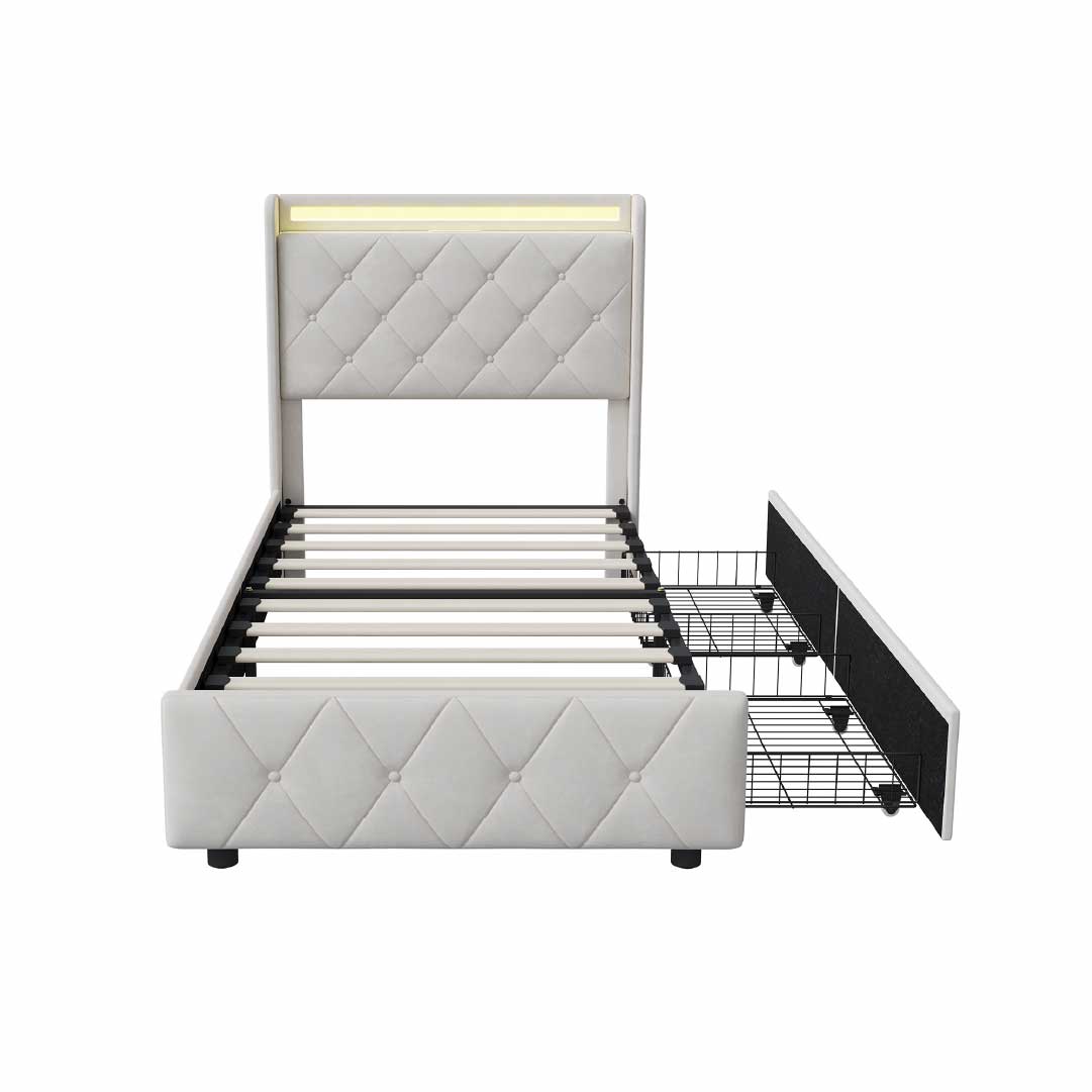 Yelenaro Polsterbett mit 4 Schubladen & LED – Bett mit USB/USB-C, 90x200 / 140x200 / 160x200