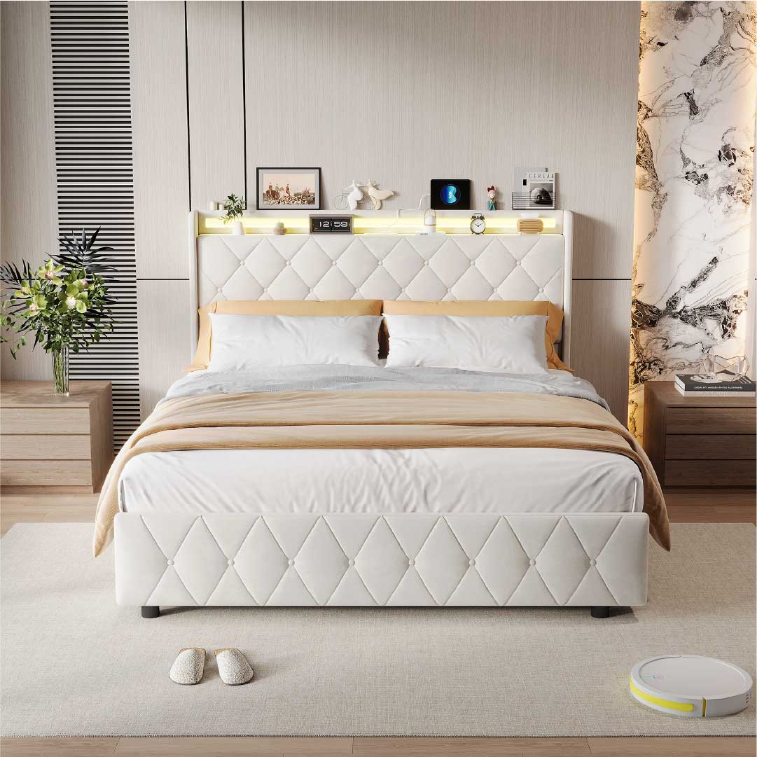 Yelenaro Polsterbett mit 4 Schubladen & LED – Bett mit USB/USB-C, 90x200 / 140x200 / 160x200