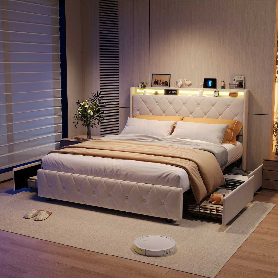 Yelenaro Polsterbett mit 4 Schubladen & LED – Bett mit USB/USB-C, 90x200 / 140x200 / 160x200