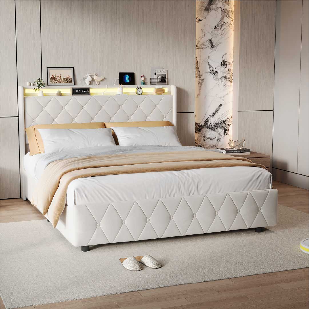 Yelenaro Polsterbett mit 4 Schubladen & LED – Bett mit USB/USB-C, 90x200 / 140x200 / 160x200
