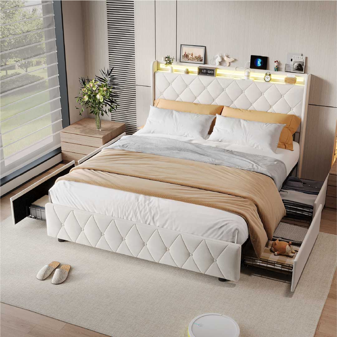 Yelenaro Polsterbett mit 4 Schubladen & LED – Bett mit USB/USB-C, 90x200 / 140x200 / 160x200