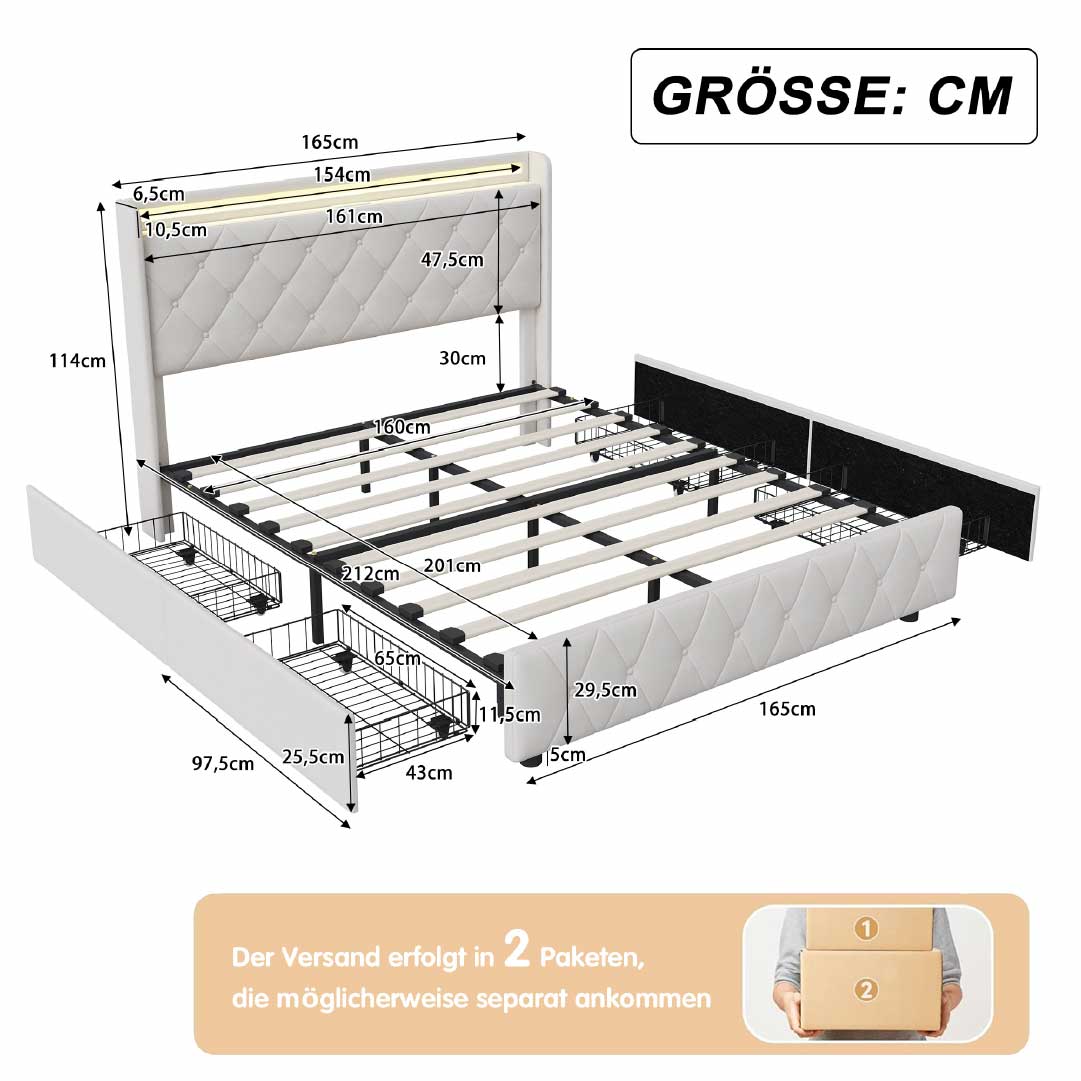 Yelenaro Polsterbett mit 4 Schubladen & LED – Bett mit USB/USB-C, 90x200 / 140x200 / 160x200