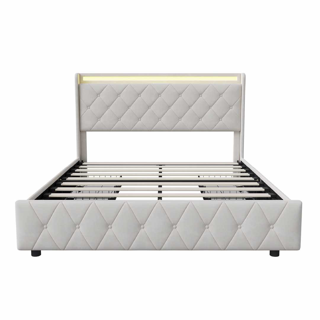 Yelenaro Polsterbett mit 4 Schubladen & LED – Bett mit USB/USB-C, 90x200 / 140x200 / 160x200