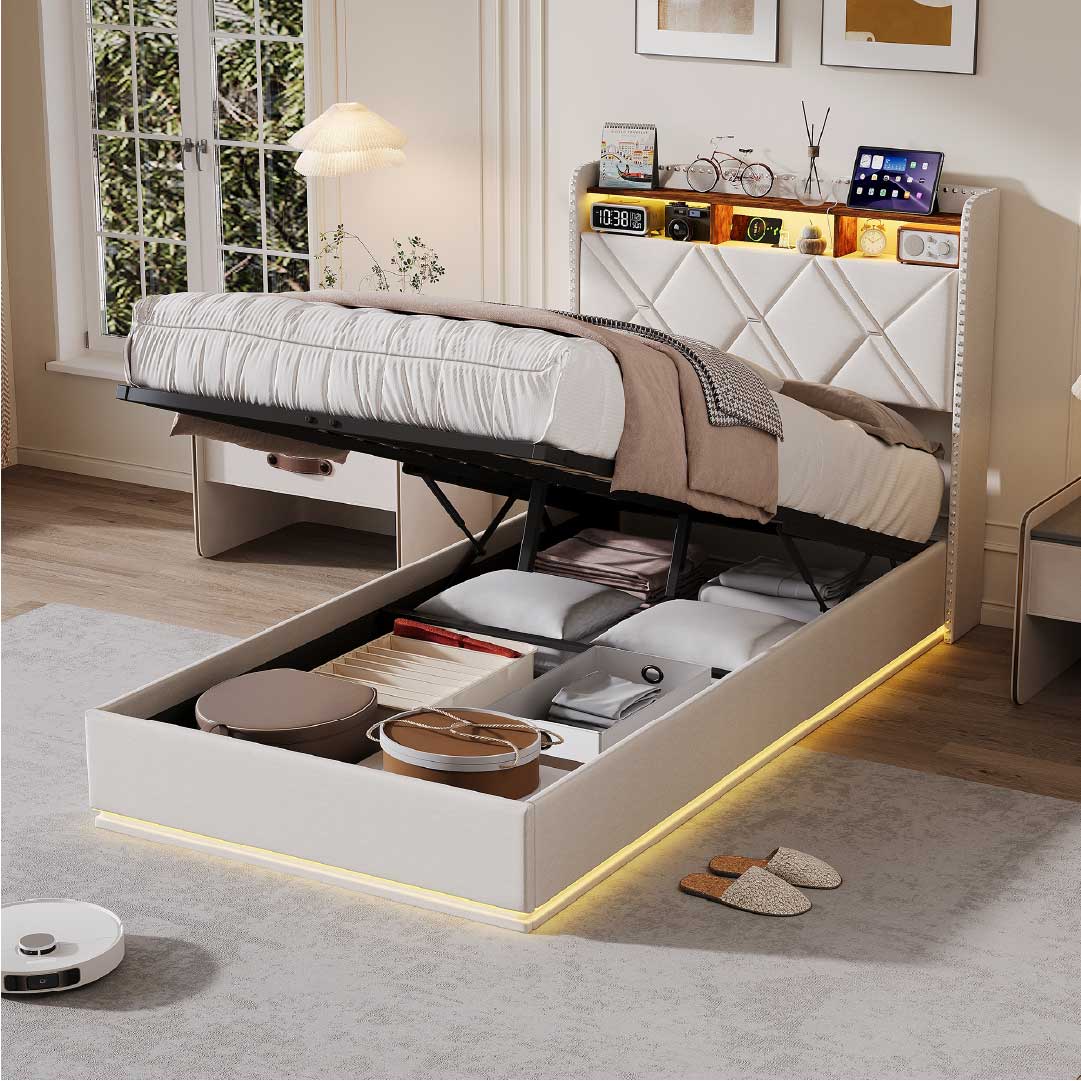 Yelenaro Polsterbett mit Stauraum & LED – Bett mit USB/USB-C, hydraulisch, 90x200 / 140x200 / 160x200
