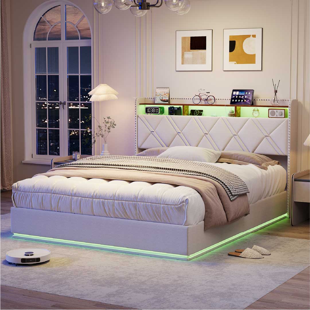 Yelenaro Polsterbett mit Stauraum & LED – Bett mit USB/USB-C, hydraulisch, 90x200 / 140x200 / 160x200