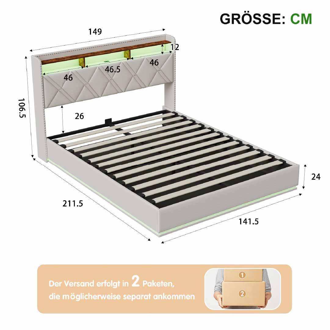 Yelenaro Polsterbett mit Stauraum & LED – Bett mit USB/USB-C, hydraulisch, 90x200 / 140x200 / 160x200
