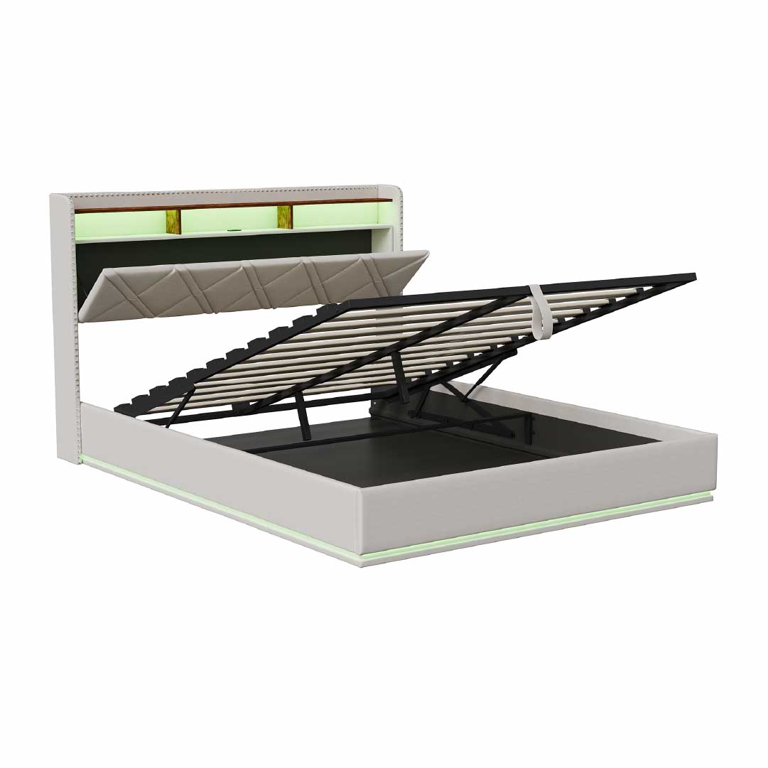 Yelenaro Polsterbett mit Stauraum & LED – Bett mit USB/USB-C, hydraulisch, 90x200 / 140x200 / 160x200