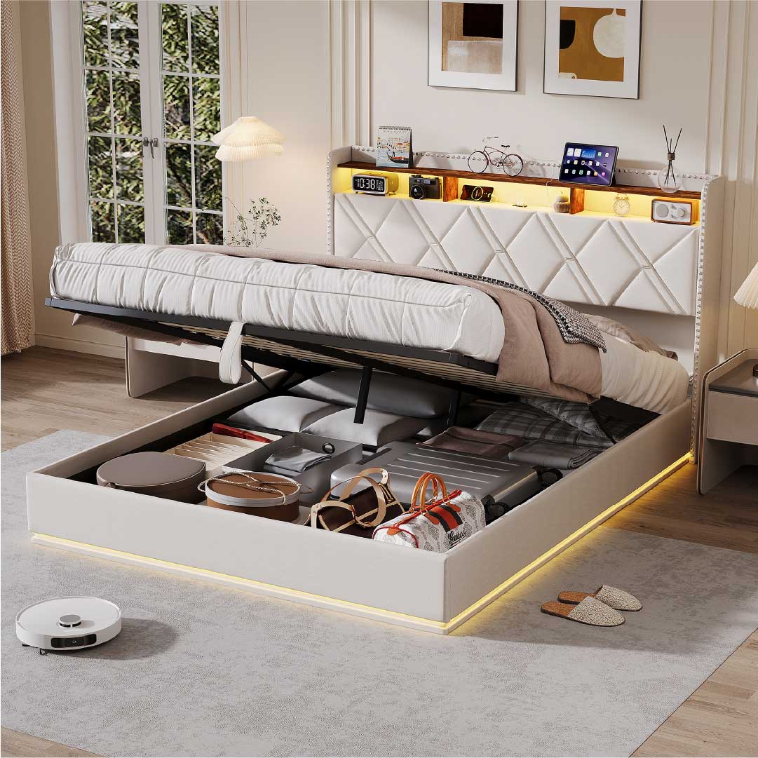 Yelenaro Polsterbett mit Stauraum & LED – Bett mit USB/USB-C, hydraulisch, 90x200 / 140x200 / 160x200