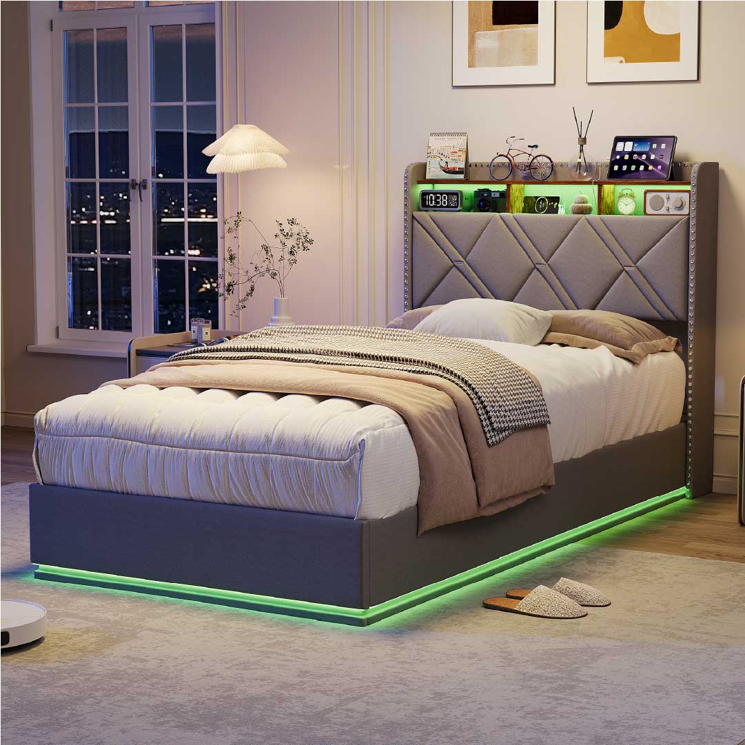 Yelenaro Polsterbett mit Stauraum & LED – Bett mit USB/USB-C, hydraulisch, 90x200 / 140x200 / 160x200