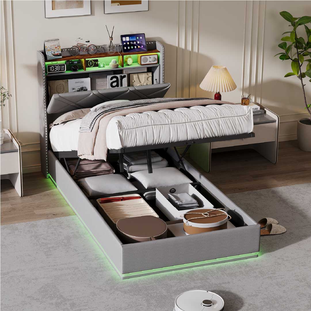 Yelenaro Polsterbett mit Stauraum & LED – Bett mit USB/USB-C, hydraulisch, 90x200 / 140x200 / 160x200